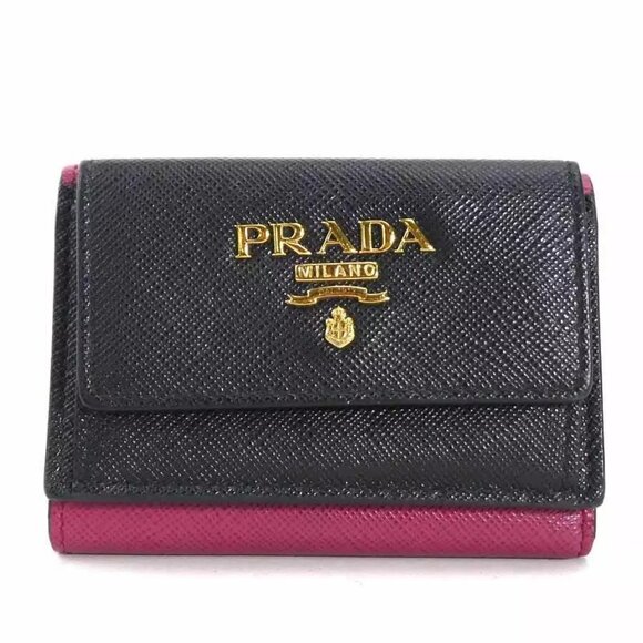 Auth PRADA Logo Trifold Wallet Black/Bordeaux Leather/Goldtone - Picture 1 of 12
